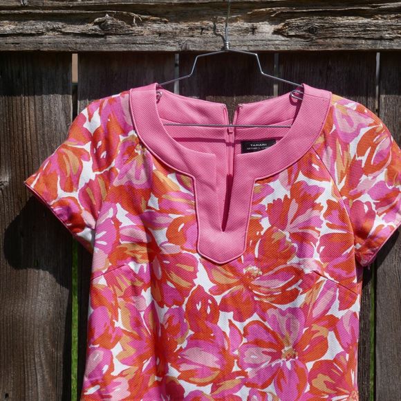 TAHARI ARTHUR S LEVINE Dress Size 6 Coral Flower Power Sheath Short Sleeve - Picture 2 of 8